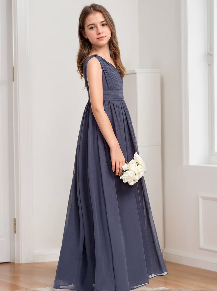 Robe de Demoiselle D'Honneur Junior Fille Sans Manches à Col en V et Coupe Princesse avec Plis