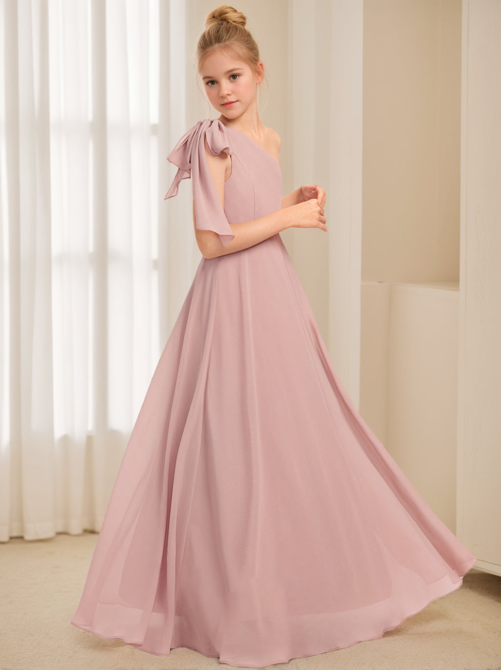 Robe de Demoiselle D'Honneur Junior Sans Manches à Une Épaule et Ligne A/Princesse avec Nœud