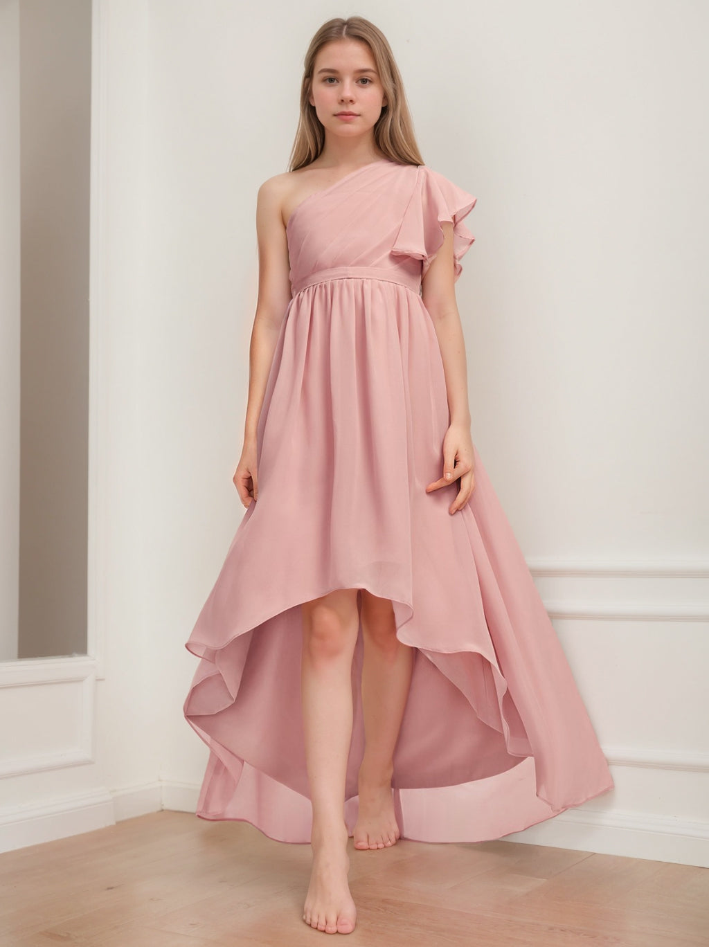 Robe de Demoiselle D'Honneur Junior Sans Manches à Une Épaule avec Ceinture