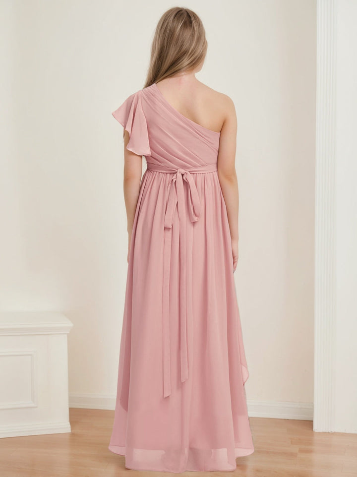 Robe de Demoiselle D'Honneur Junior Sans Manches à Une Épaule avec Ceinture