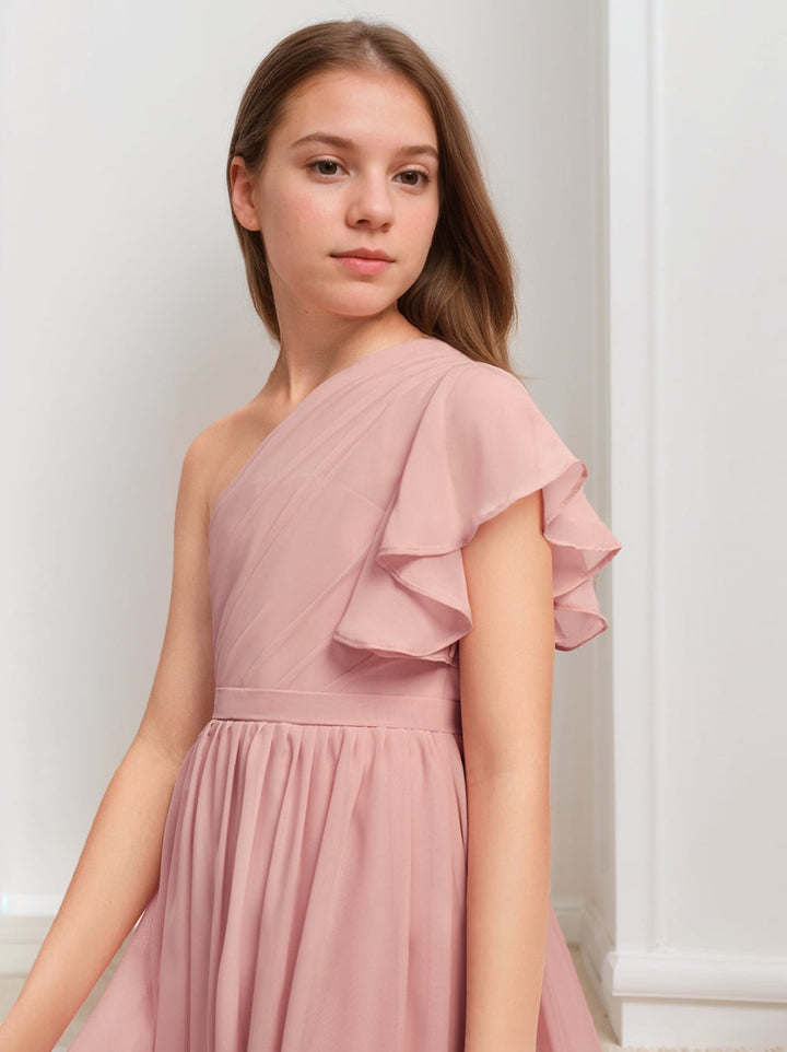 Robe de Demoiselle D'Honneur Junior Sans Manches à Une Épaule avec Ceinture