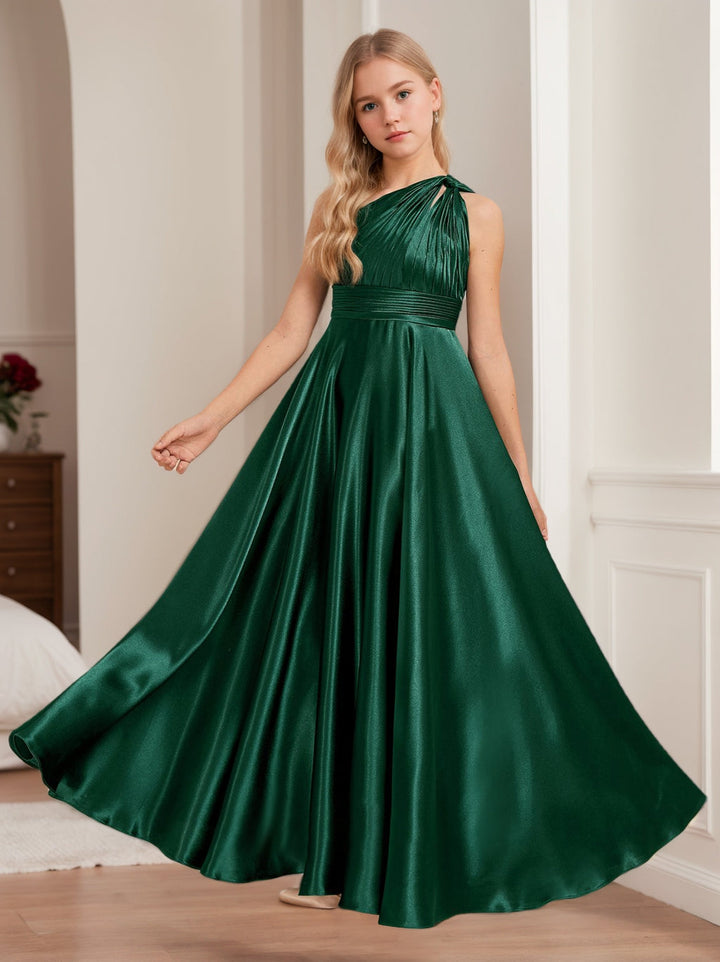 Robe de Demoiselle D'Honneur Junior Fille A-Line/Princess à Une Épaule Longueur Cheville avec Plis