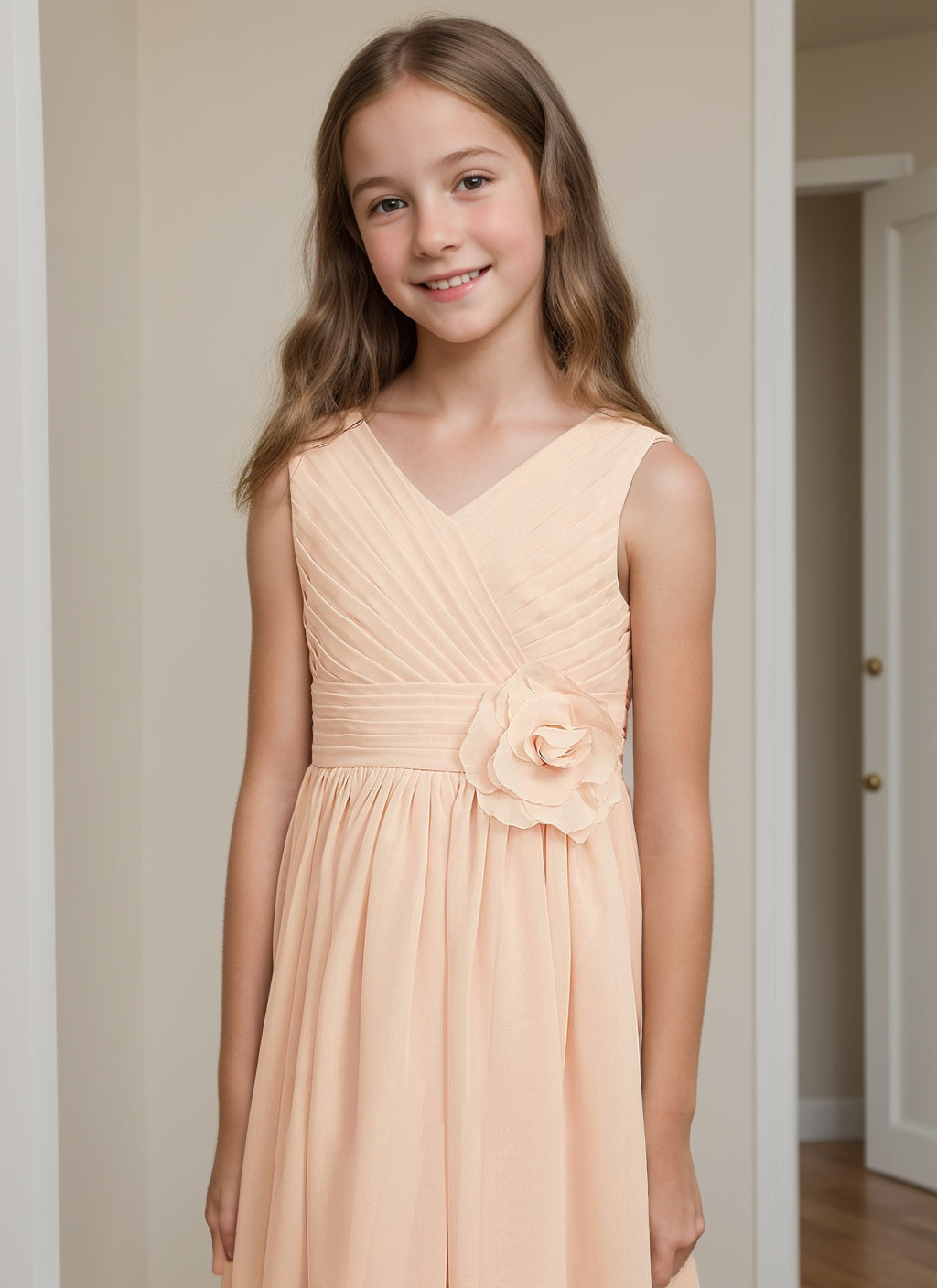 Robe de Demoiselle D'Honneur Junior en Mousseline Plissée Asymétrique à Col en V avec Fleur