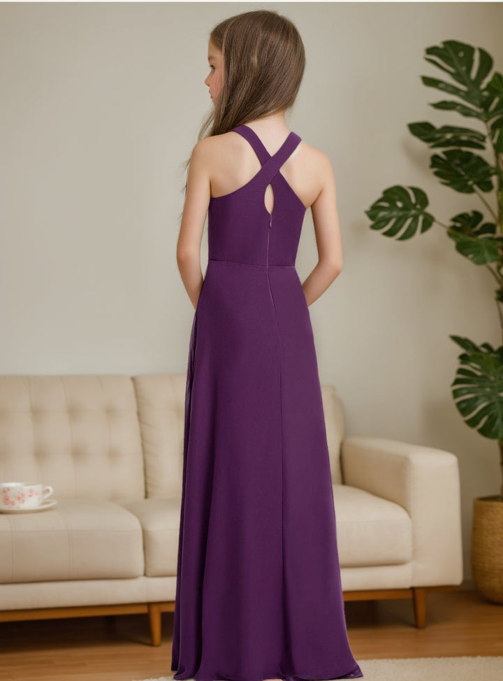Robe de Demoiselle D'Honneur Junior Sans Manches, Coupe A-Line/Princesse, Col Licou, Longueur Au Sol