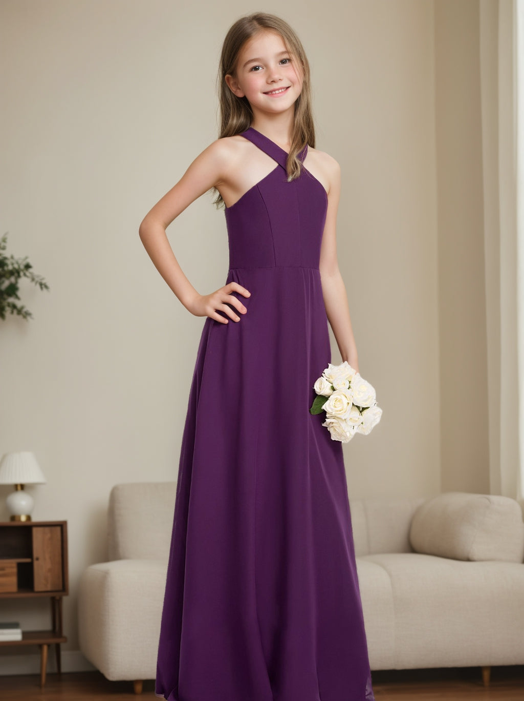 Robe de Demoiselle D'Honneur Junior Sans Manches, Coupe A-Line/Princesse, Col Licou, Longueur Au Sol
