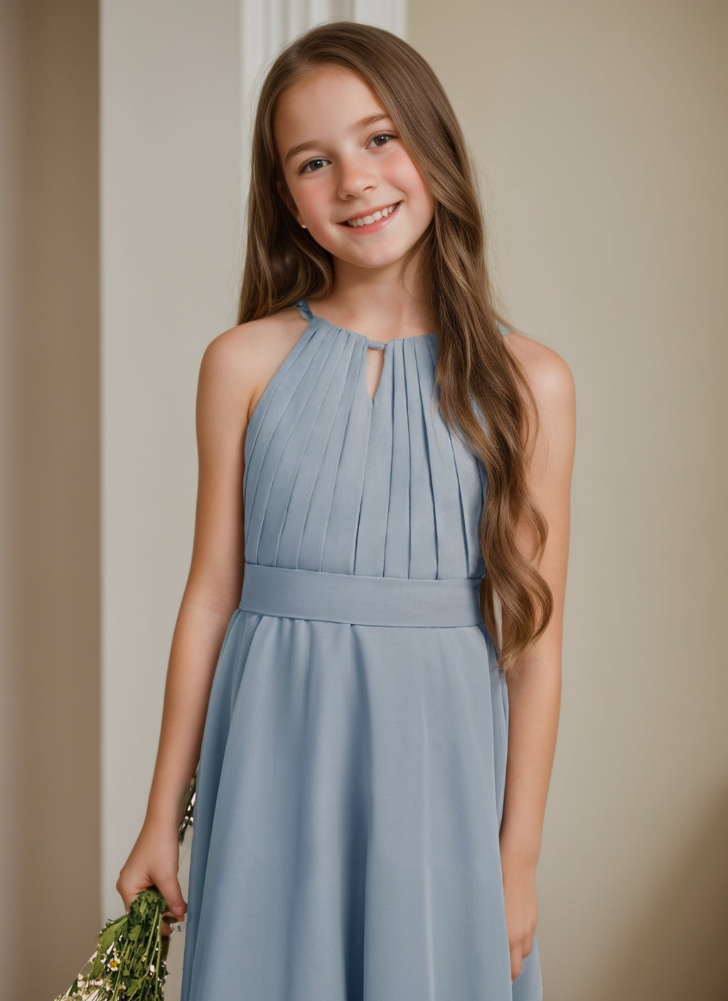 Robe de Demoiselle D'Honneur Junior Asymétrique à Licou et à Plis, Coupe A-Line/Princesse