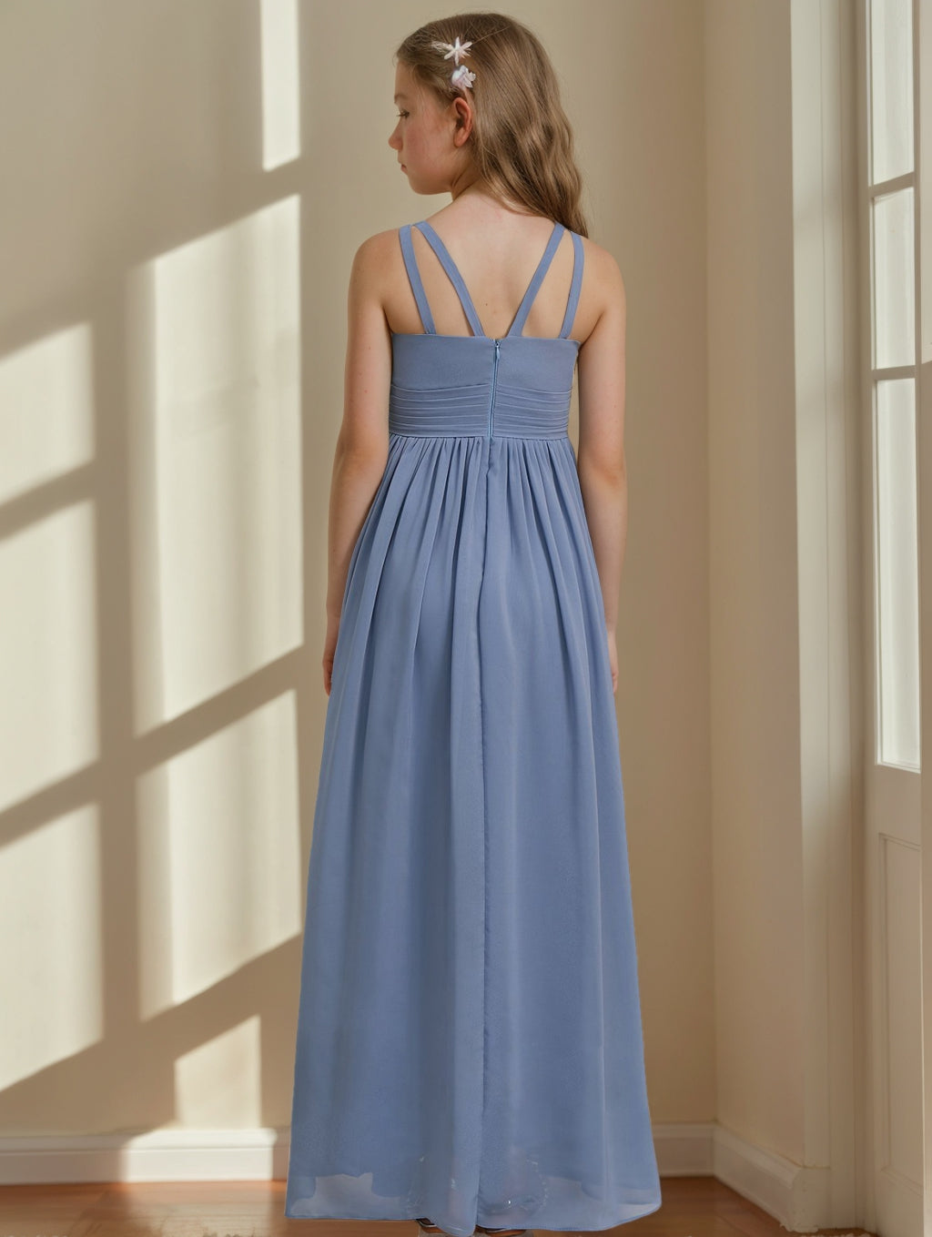 Robe de Demoiselle D'Honneur Junior Sans Manches, Coupe A-Line/Princesse, Longueur Au Sol, avec Volants