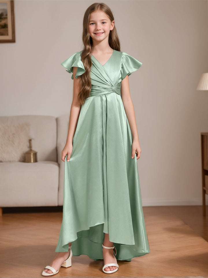 Robe de Demoiselle D'Honneur Junior à Col en V et Manches Courtes, Coupe A-Line/Princesse, avec Plis