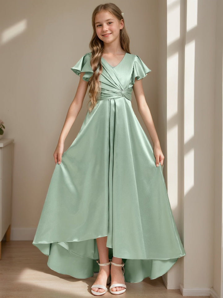Robe de Demoiselle D'Honneur Junior à Col en V et Manches Courtes, Coupe A-Line/Princesse, avec Plis