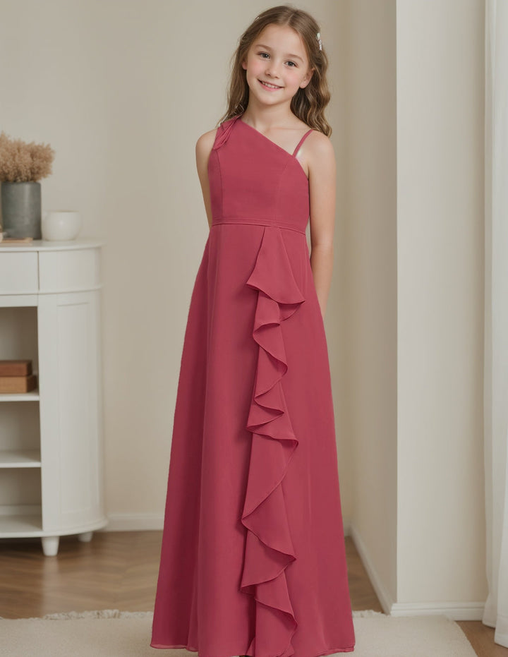 Robe de Demoiselle D'Honneur Junior A-Line/Princesse à Une Épaule et Longueur Au Sol avec Volants