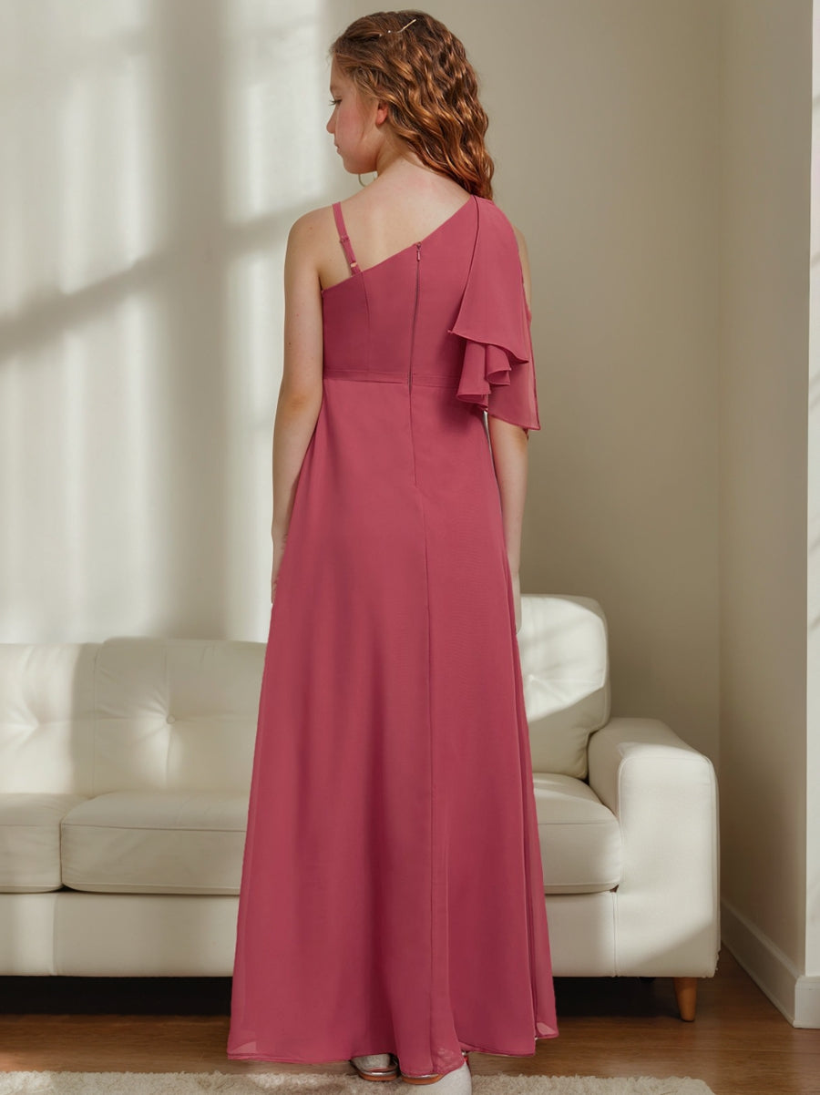 Robe de Demoiselle D'Honneur Junior A-Line/Princesse à Une Épaule et Longueur Au Sol avec Volants