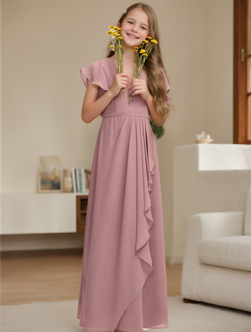 Robe de Demoiselle D'Honneur Junior à Volants, Coupe A-Line/Princesse, Col en V, Manches Courtes