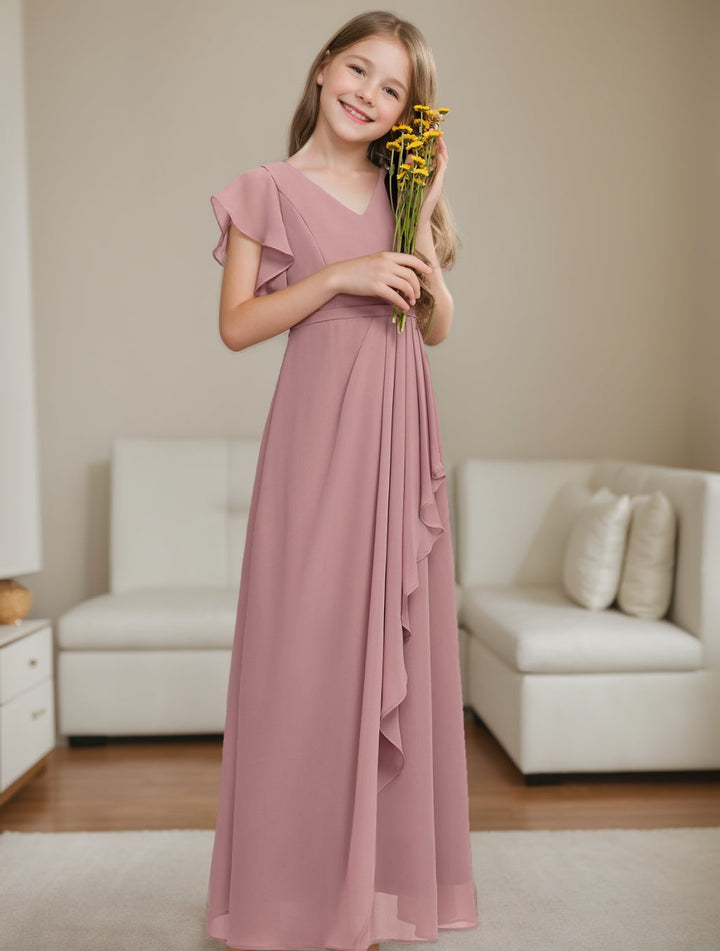 Robe de Demoiselle D'Honneur Junior à Volants, Coupe A-Line/Princesse, Col en V, Manches Courtes