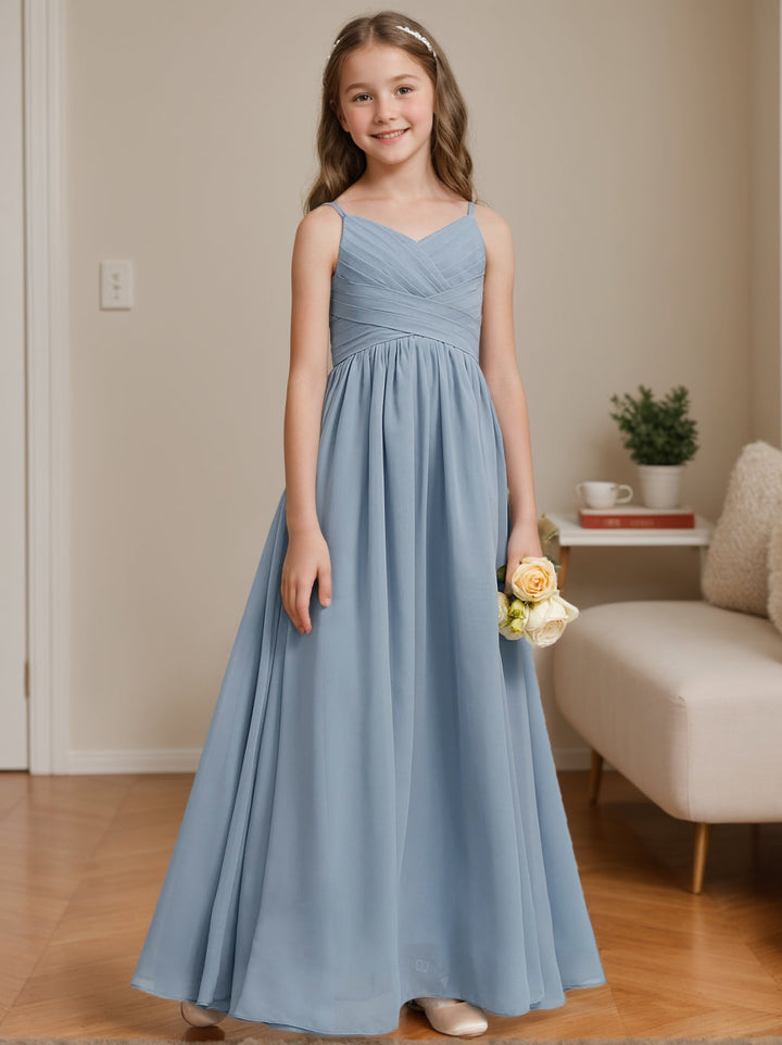 Robe de Demoiselle D'Honneur Junior à Bretelles Spaghetti et Col en V, Coupe A-Line/Princesse, avec Plis
