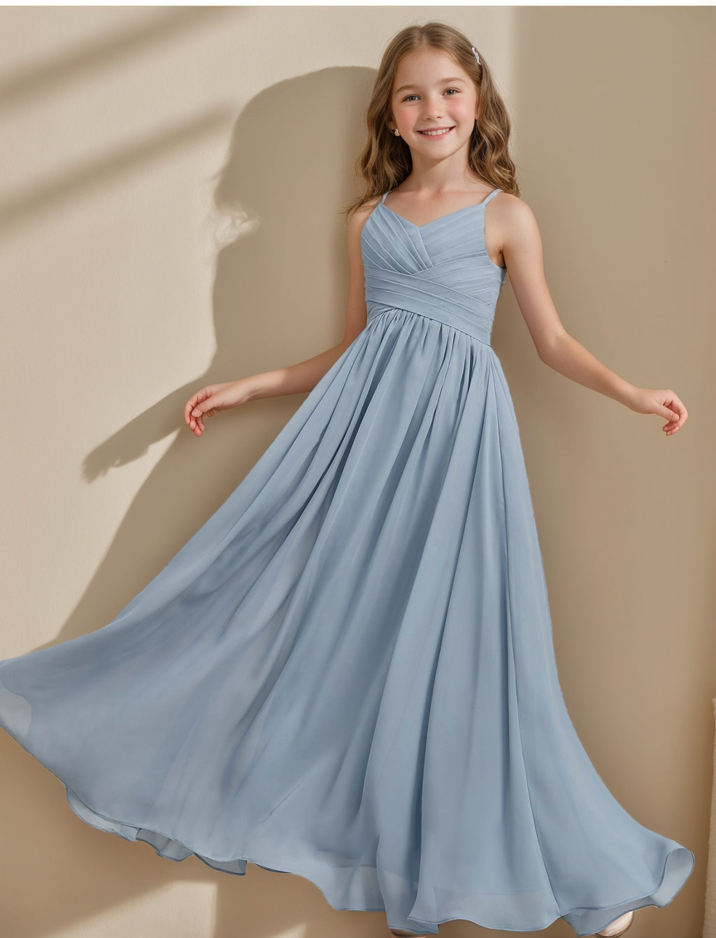Robe de Demoiselle D'Honneur Junior à Bretelles Spaghetti et Col en V, Coupe A-Line/Princesse, avec Plis