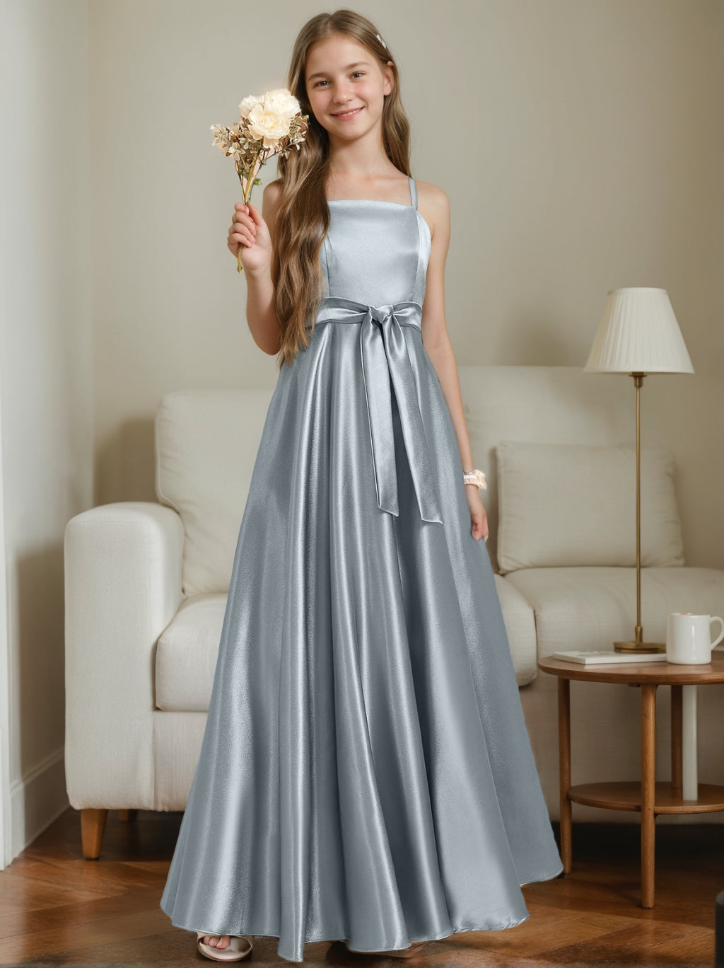 Robe de Demoiselle D'Honneur Junior Sans Manches à Bretelles Spaghetti de Forme A-Line/Princesse avec Ceinture