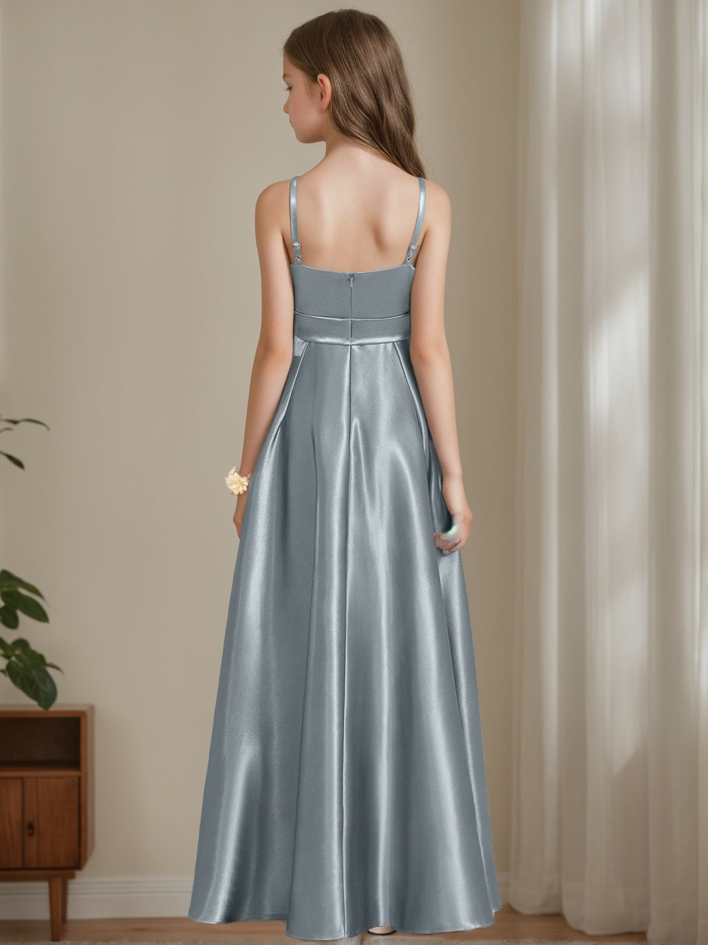 Robe de Demoiselle D'Honneur Junior Sans Manches à Bretelles Spaghetti de Forme A-Line/Princesse avec Ceinture