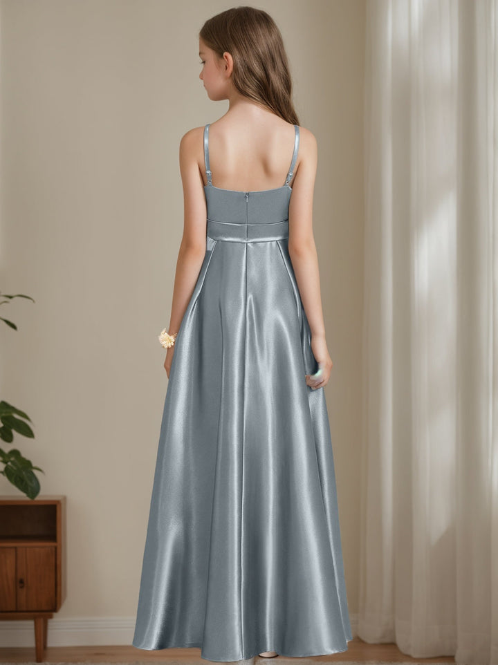 Robe de Demoiselle D'Honneur Junior Sans Manches à Bretelles Spaghetti de Forme A-Line/Princesse avec Ceinture