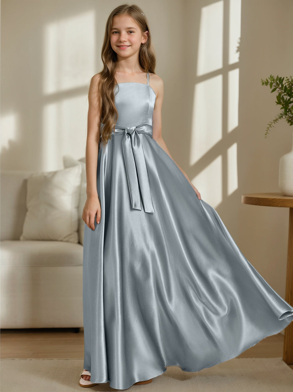 Robe de Demoiselle D'Honneur Junior Sans Manches à Bretelles Spaghetti de Forme A-Line/Princesse avec Ceinture