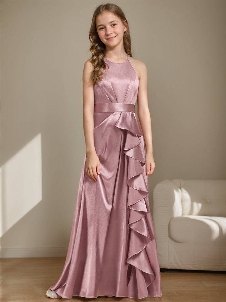 Robes de Demoiselle D'Honneur Junior Sans Manches à Volants, Coupe A-Line/Princesse, Croisées