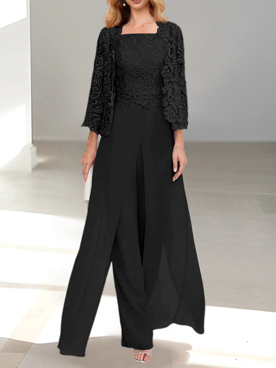 Tailleur-Pantalon en Mousseline à Col Carré et Longueur Au Sol pour Mère de la Mariée avec Veste et Fente Sur le Côté