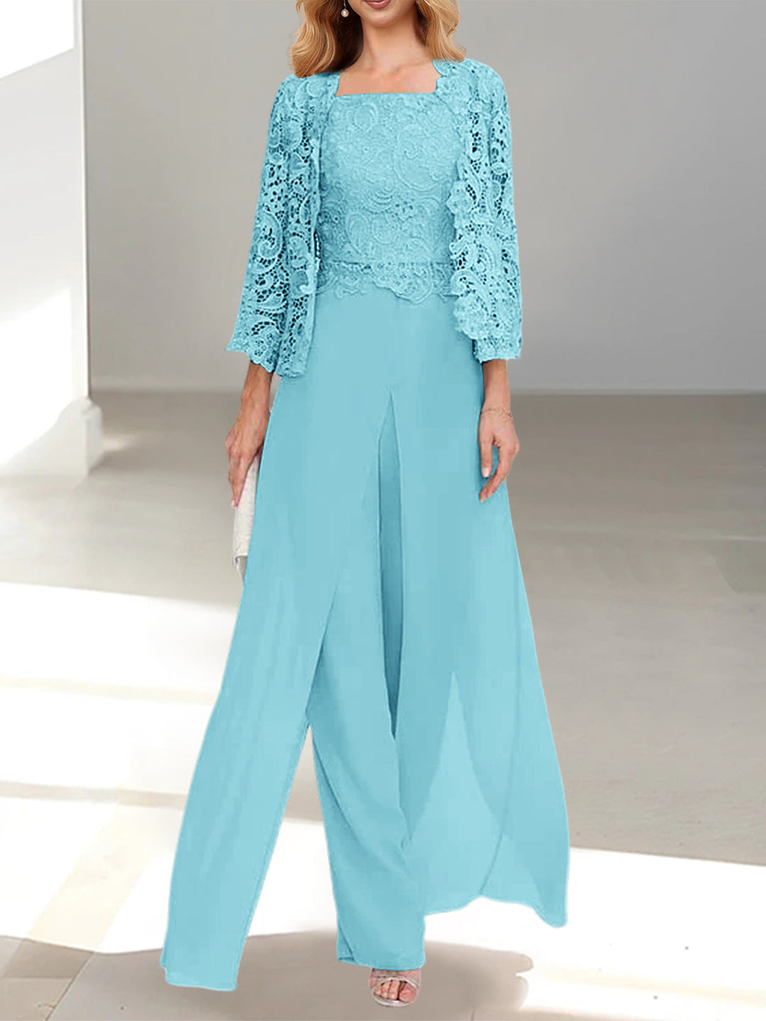 Tailleur-Pantalon en Mousseline à Col Carré et Longueur Au Sol pour Mère de la Mariée avec Veste et Fente Sur le Côté