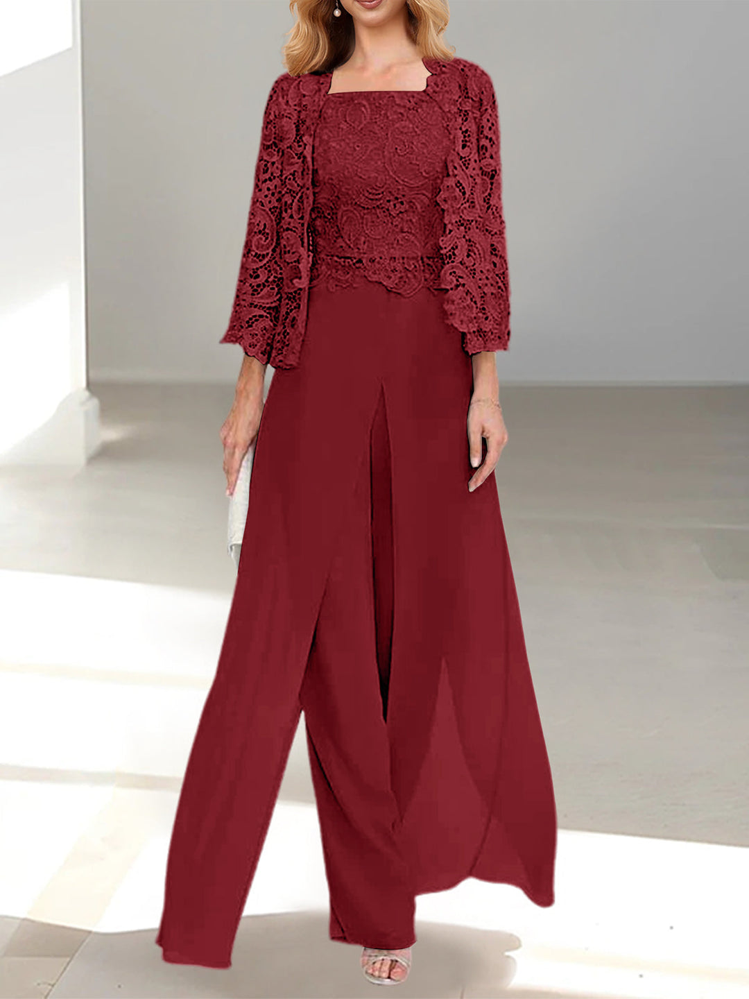Tailleur-Pantalon en Mousseline à Col Carré et Longueur Au Sol pour Mère de la Mariée avec Veste et Fente Sur le Côté