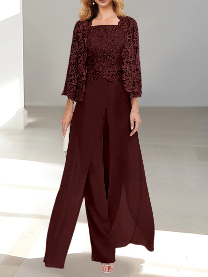 Tailleur-Pantalon en Mousseline à Col Carré et Longueur Au Sol pour Mère de la Mariée avec Veste et Fente Sur le Côté