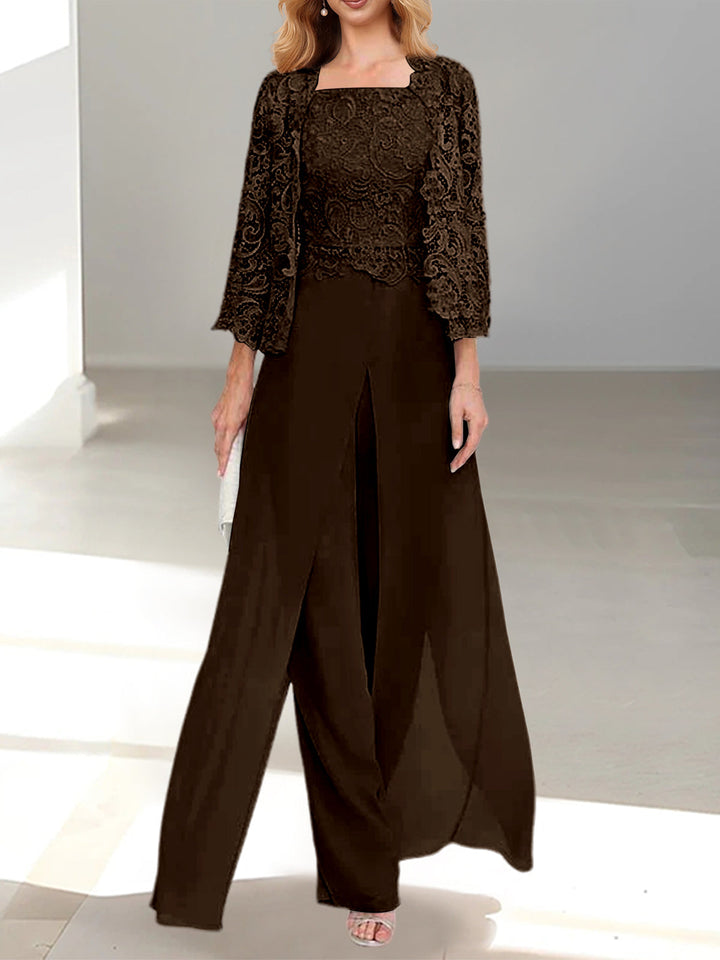 Tailleur-Pantalon en Mousseline à Col Carré et Longueur Au Sol pour Mère de la Mariée avec Veste et Fente Sur le Côté