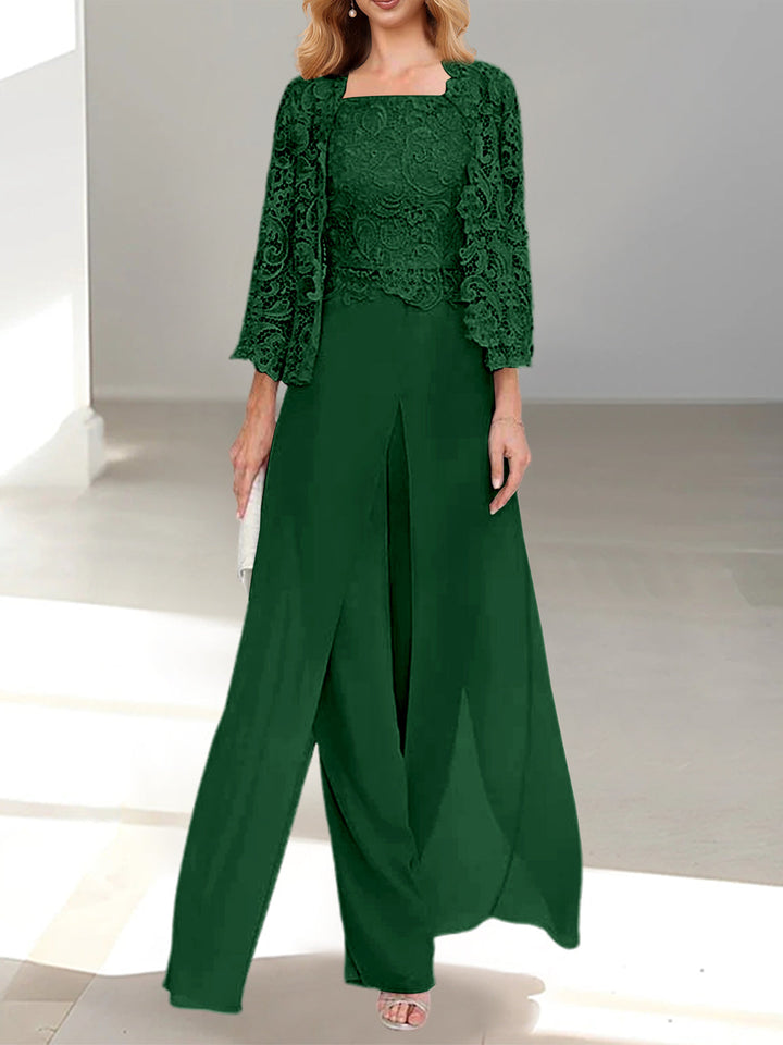 Tailleur-Pantalon en Mousseline à Col Carré et Longueur Au Sol pour Mère de la Mariée avec Veste et Fente Sur le Côté
