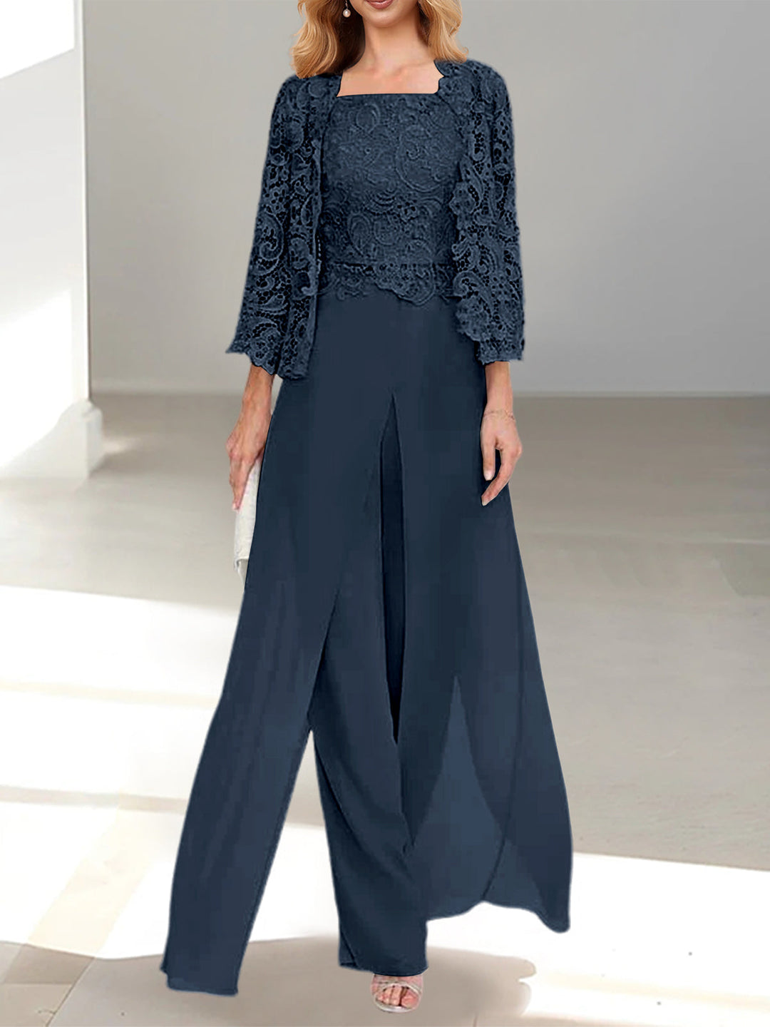Tailleur-Pantalon en Mousseline à Col Carré et Longueur Au Sol pour Mère de la Mariée avec Veste et Fente Sur le Côté