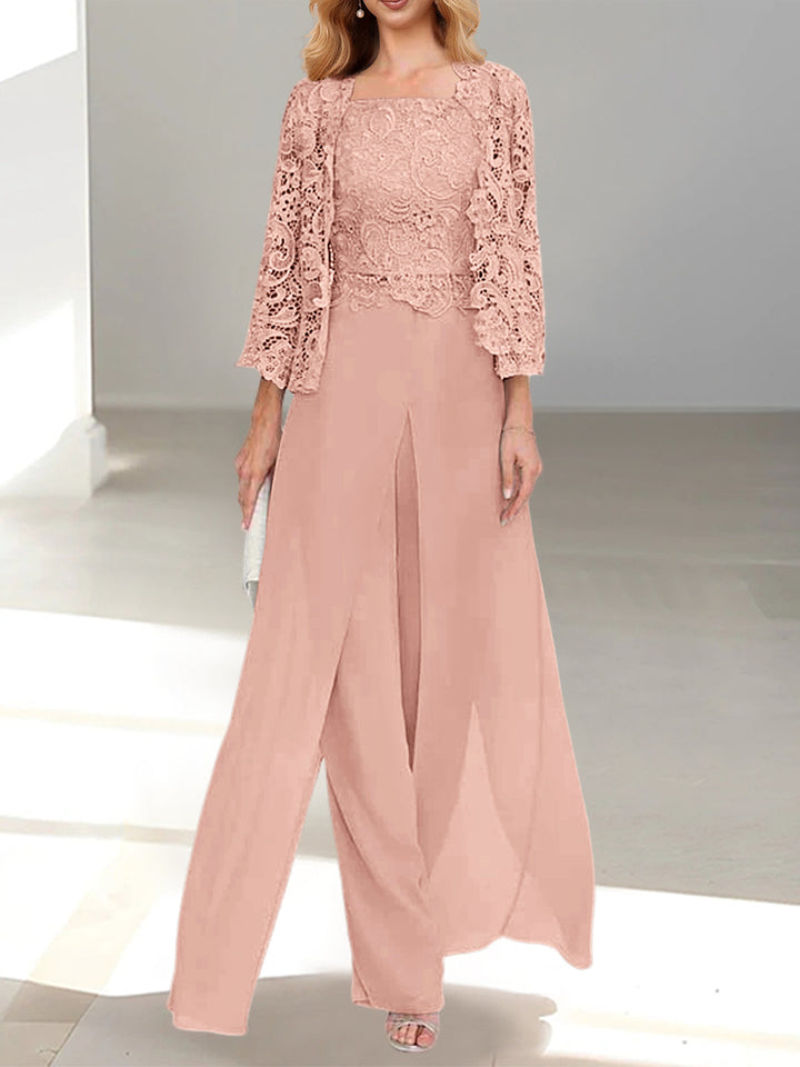 Tailleur-Pantalon en Mousseline à Col Carré et Longueur Au Sol pour Mère de la Mariée avec Veste et Fente Sur le Côté
