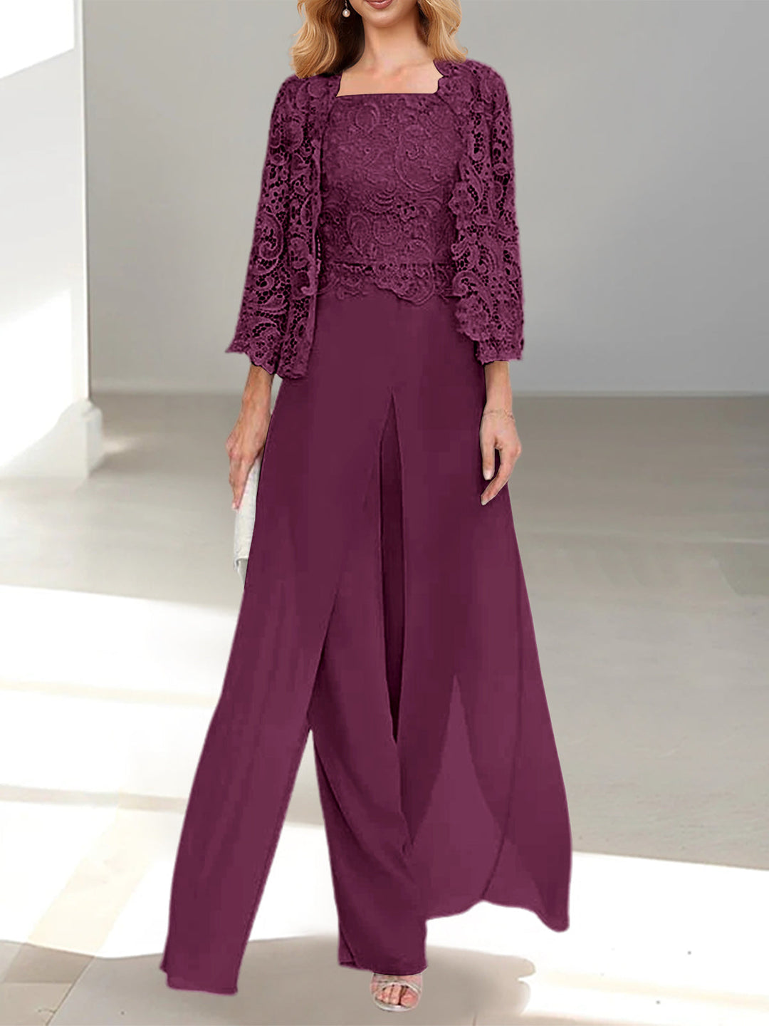 Tailleur-Pantalon en Mousseline à Col Carré et Longueur Au Sol pour Mère de la Mariée avec Veste et Fente Sur le Côté