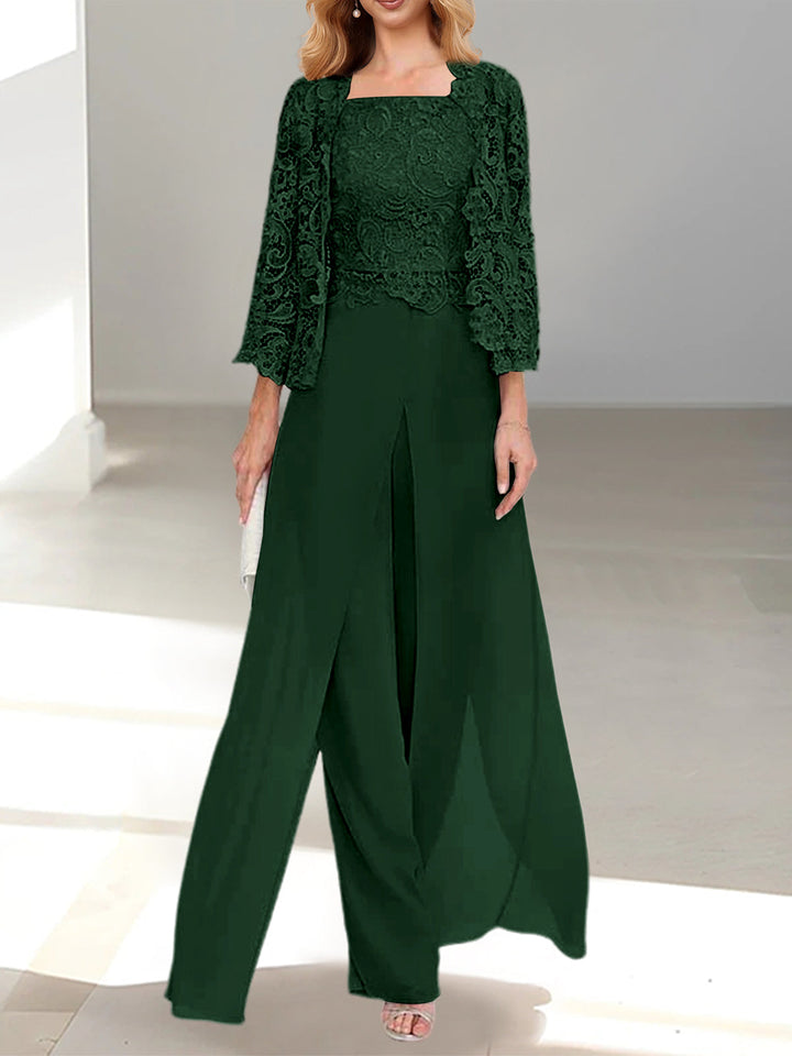 Tailleur-Pantalon en Mousseline à Col Carré et Longueur Au Sol pour Mère de la Mariée avec Veste et Fente Sur le Côté