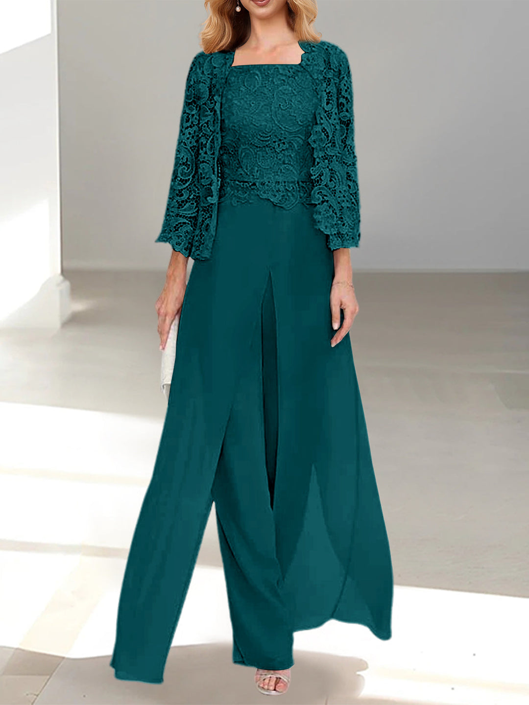 Tailleur-Pantalon en Mousseline à Col Carré et Longueur Au Sol pour Mère de la Mariée avec Veste et Fente Sur le Côté