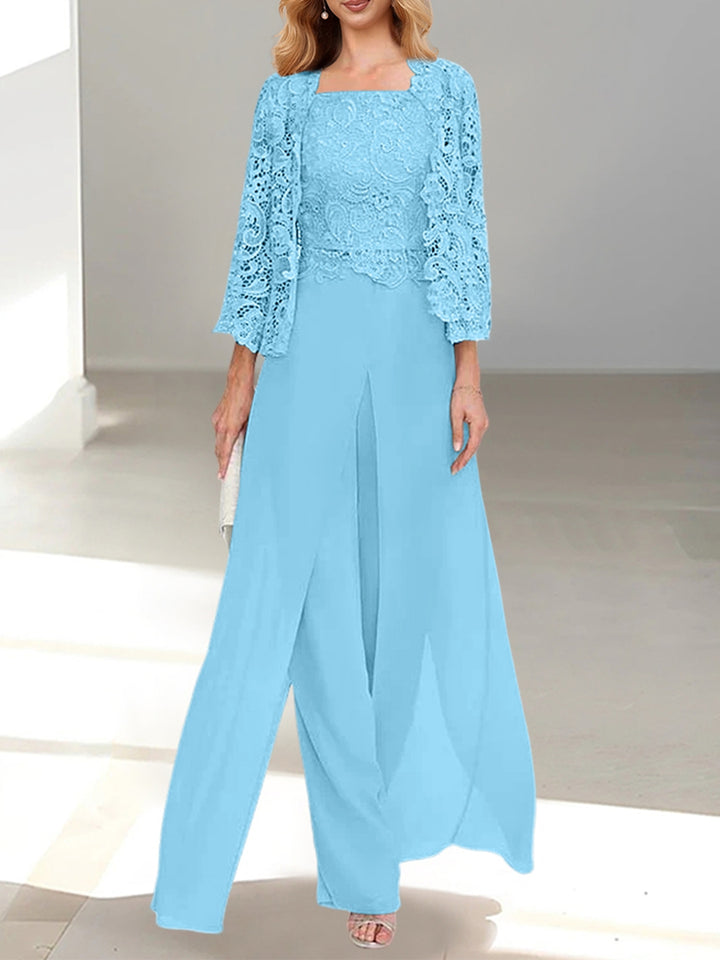 Tailleur-Pantalon en Mousseline à Col Carré et Longueur Au Sol pour Mère de la Mariée avec Veste et Fente Sur le Côté