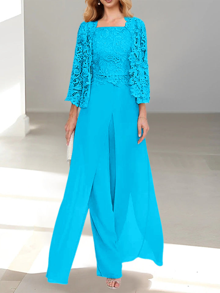 Tailleur-Pantalon en Mousseline à Col Carré et Longueur Au Sol pour Mère de la Mariée avec Veste et Fente Sur le Côté