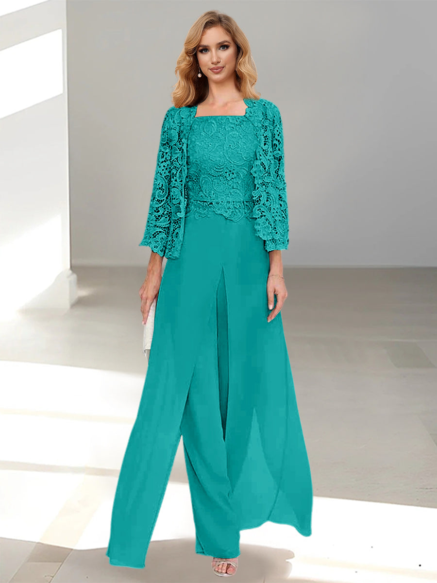 Tailleur-Pantalon en Mousseline à Col Carré et Longueur Au Sol pour Mère de la Mariée avec Veste et Fente Sur le Côté