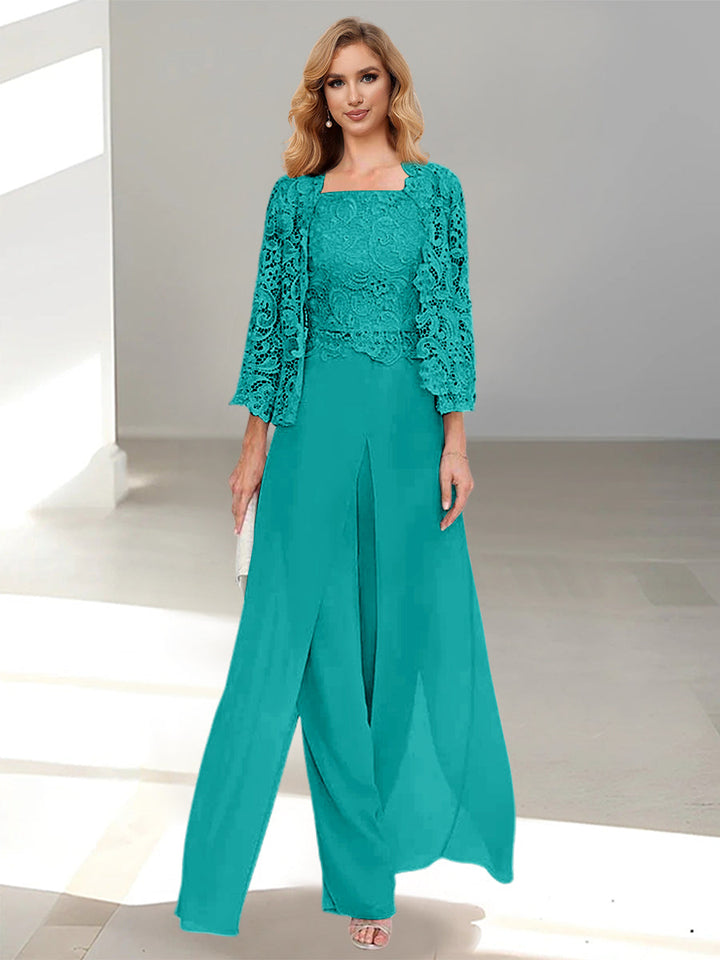 Tailleur-Pantalon en Mousseline à Col Carré et Longueur Au Sol pour Mère de la Mariée avec Veste et Fente Sur le Côté
