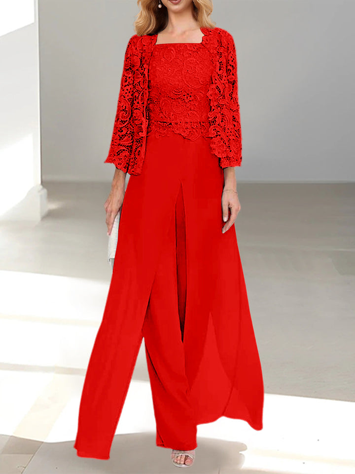 Tailleur-Pantalon en Mousseline à Col Carré et Longueur Au Sol pour Mère de la Mariée avec Veste et Fente Sur le Côté