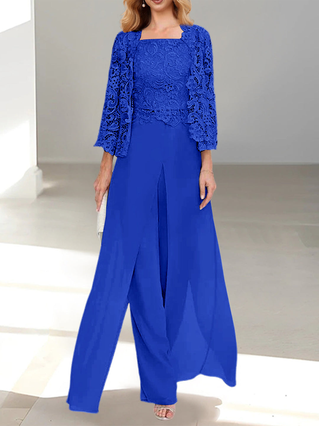 Tailleur-Pantalon en Mousseline à Col Carré et Longueur Au Sol pour Mère de la Mariée avec Veste et Fente Sur le Côté