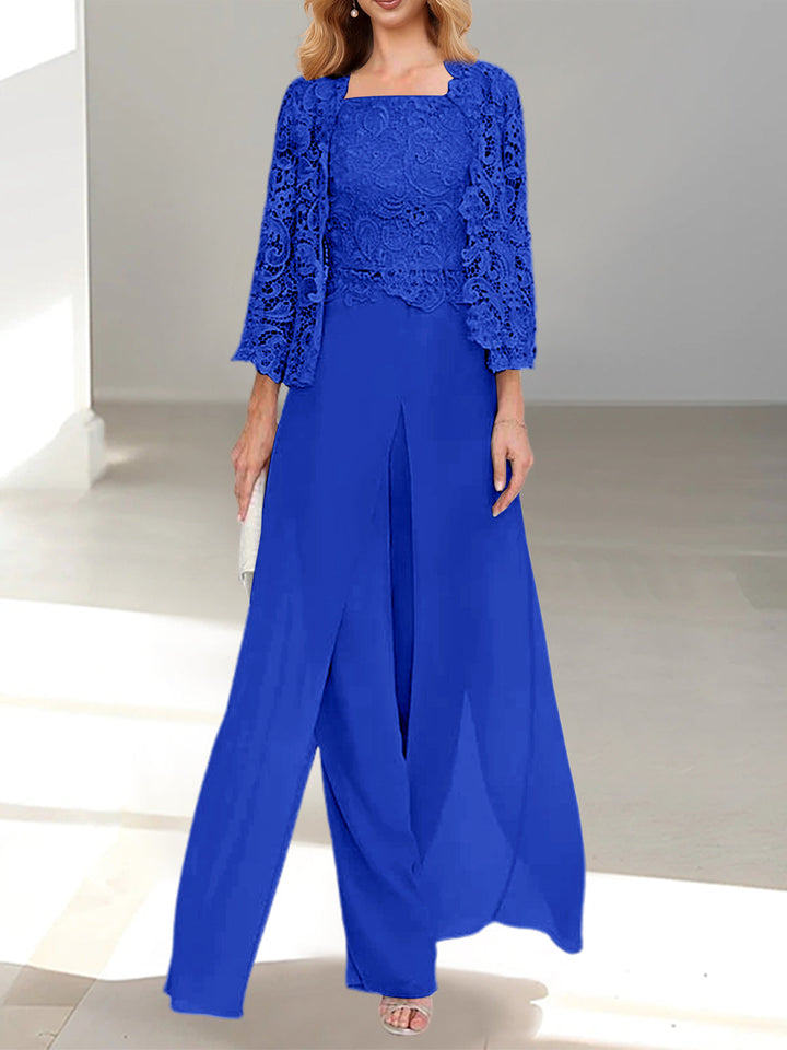Tailleur-Pantalon en Mousseline à Col Carré et Longueur Au Sol pour Mère de la Mariée avec Veste et Fente Sur le Côté