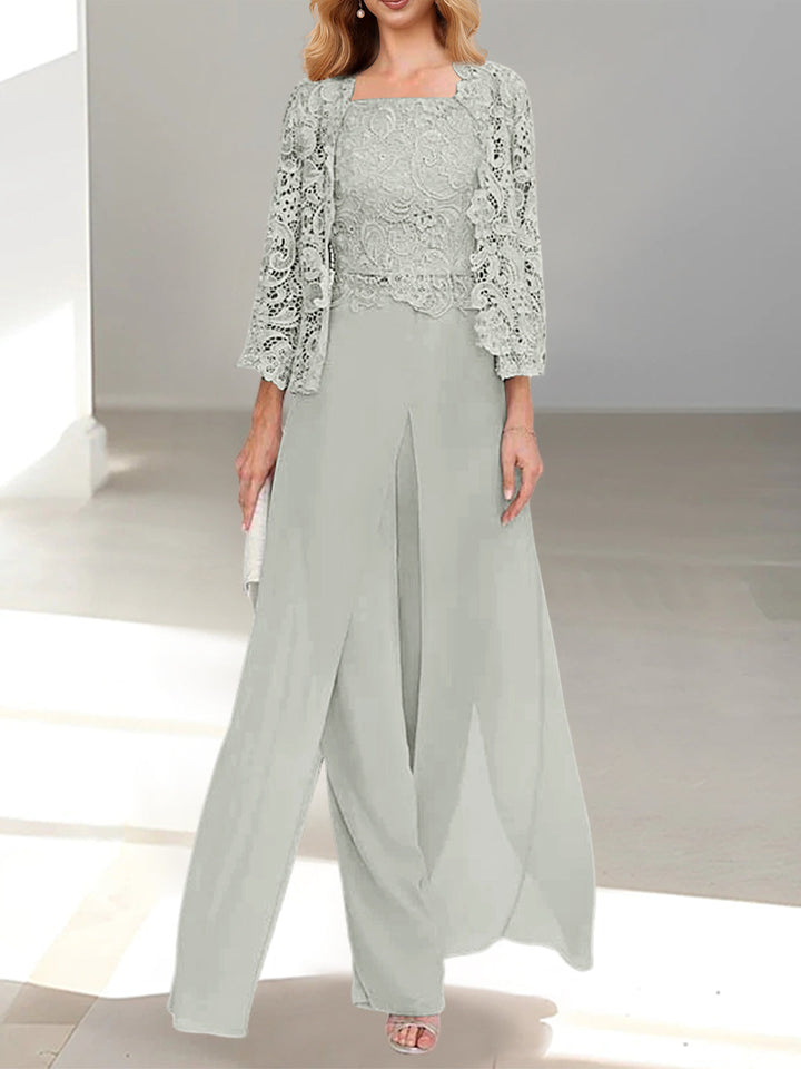 Tailleur-Pantalon en Mousseline à Col Carré et Longueur Au Sol pour Mère de la Mariée avec Veste et Fente Sur le Côté
