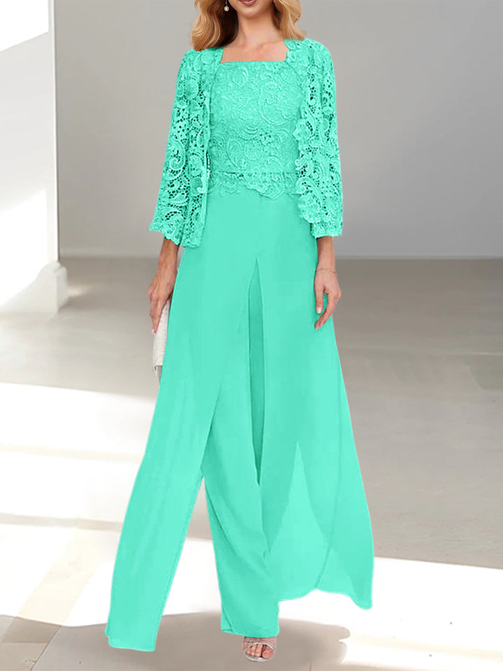 Tailleur-Pantalon en Mousseline à Col Carré et Longueur Au Sol pour Mère de la Mariée avec Veste et Fente Sur le Côté