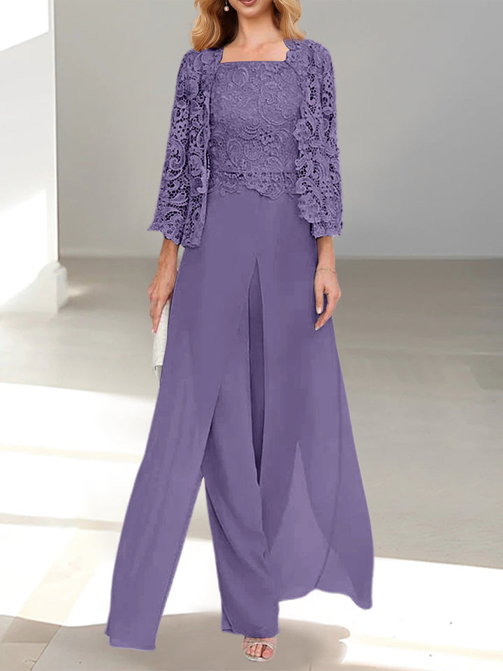 Tailleur-Pantalon en Mousseline à Col Carré et Longueur Au Sol pour Mère de la Mariée avec Veste et Fente Sur le Côté