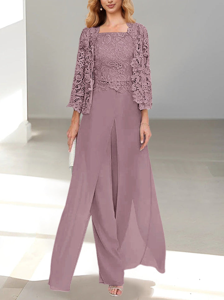 Tailleur-Pantalon en Mousseline à Col Carré et Longueur Au Sol pour Mère de la Mariée avec Veste et Fente Sur le Côté