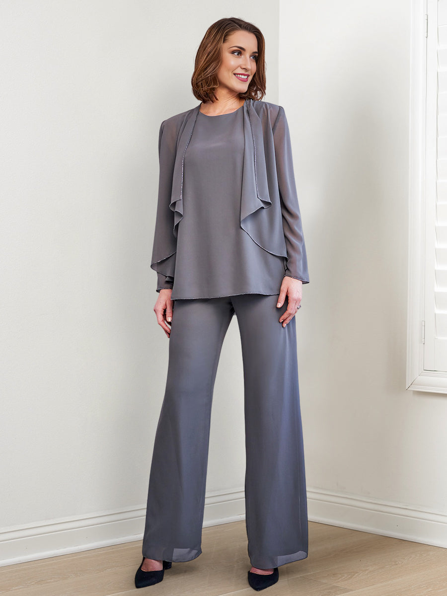 Tailleur-Pantalon en Mousseline à Manches Longues pour Mère de la Mariée avec Veste