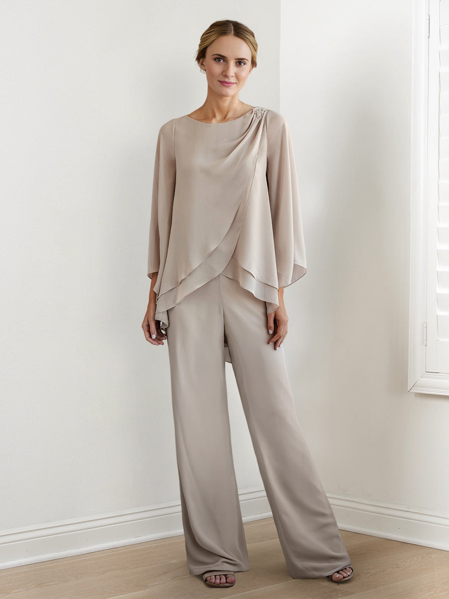 Tailleur-Pantalon en Mousseline à Manches Longues pour Mère de la Mariée