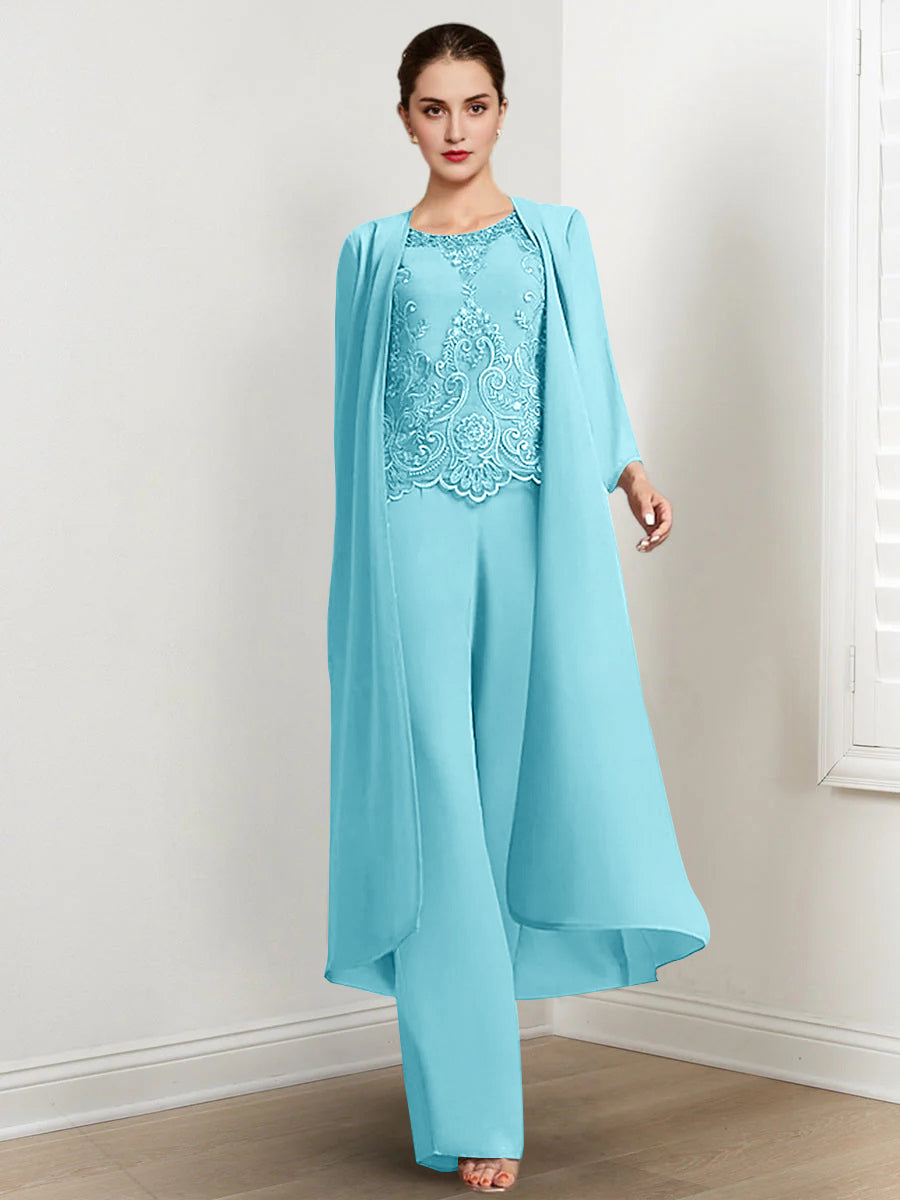 Tailleur-Pantalon en Mousseline à Col Rond et Longueur Au Sol pour Mère de la Mariée avec Veste et Applique