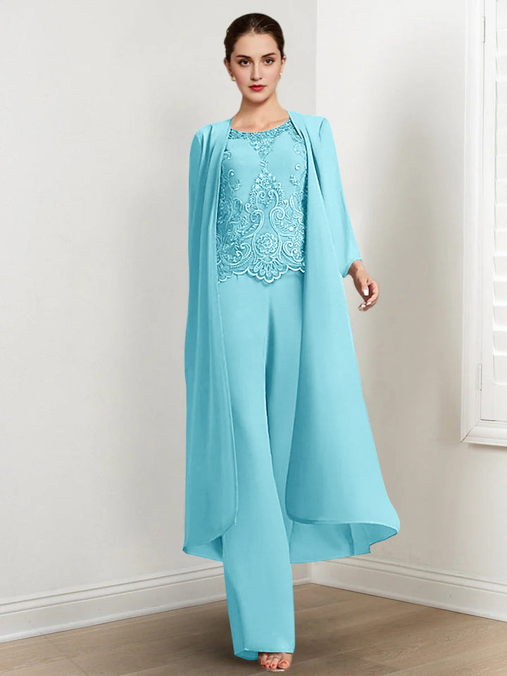 Tailleur-Pantalon en Mousseline à Col Rond et Longueur Au Sol pour Mère de la Mariée avec Veste et Applique